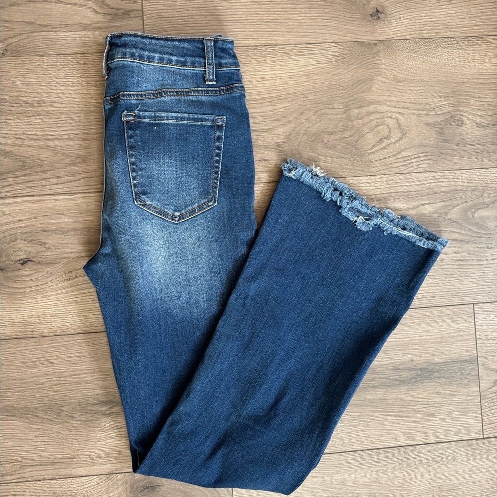 Wax Jean Dark Blue Flare Jeans with Frayed Hem